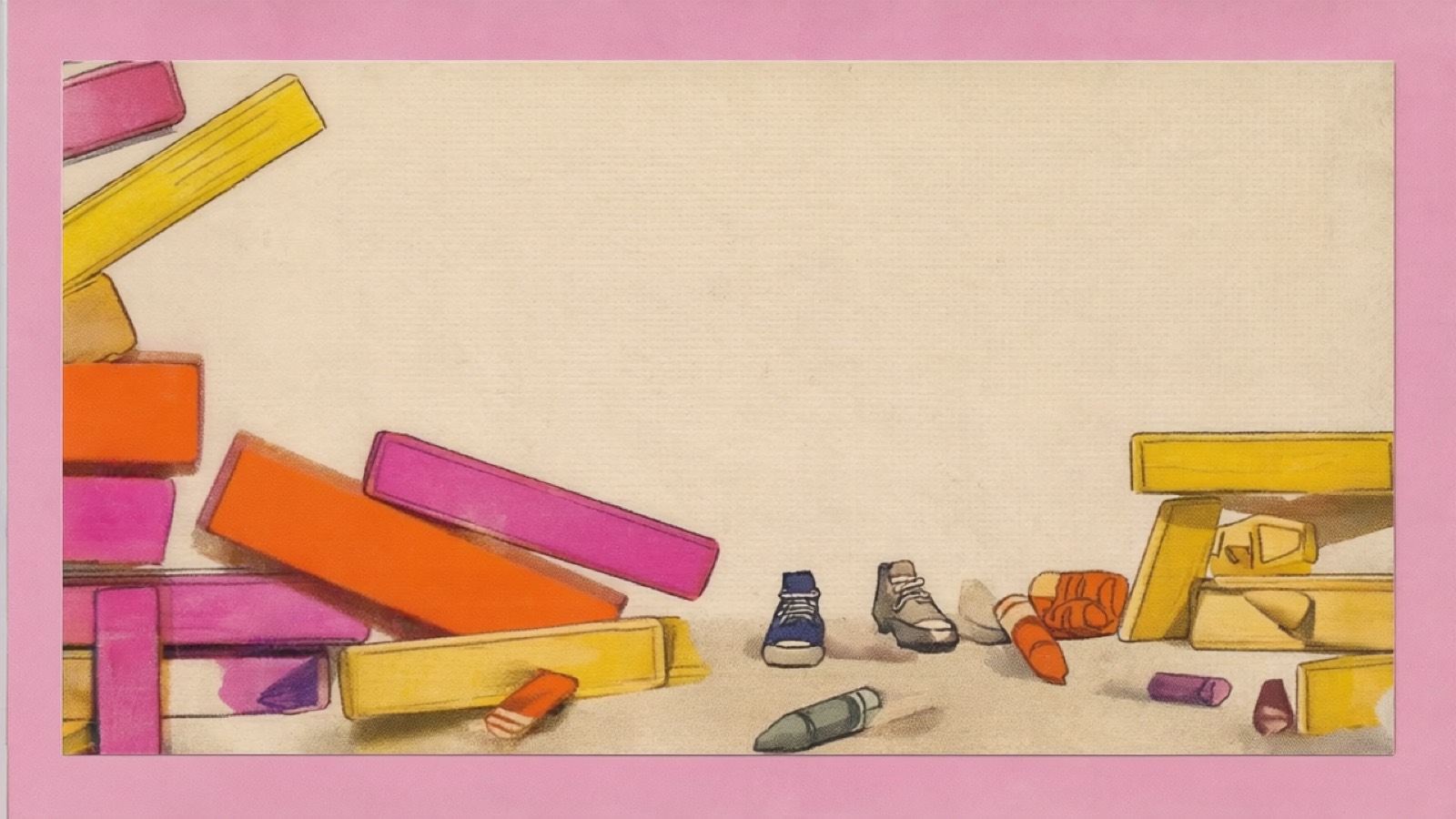 Risographie-Illustration aus Bodenperspektive: gestapelte und umkippende Holzbausteine, kleine Schuhe und Kreiden auf einem Kinderzimmerboden.