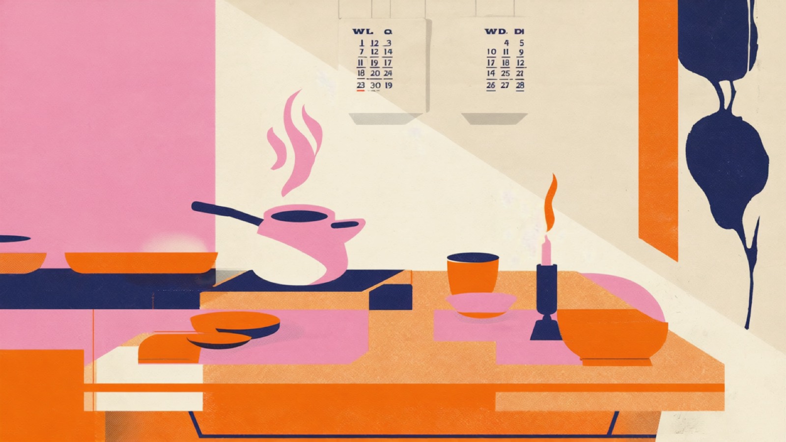 Risographie-Illustration eines warmen Frühstückstisches am Morgen – Schüsseln, ein dampfender Topf, Wandkalender und Kerze im Morgenlicht.