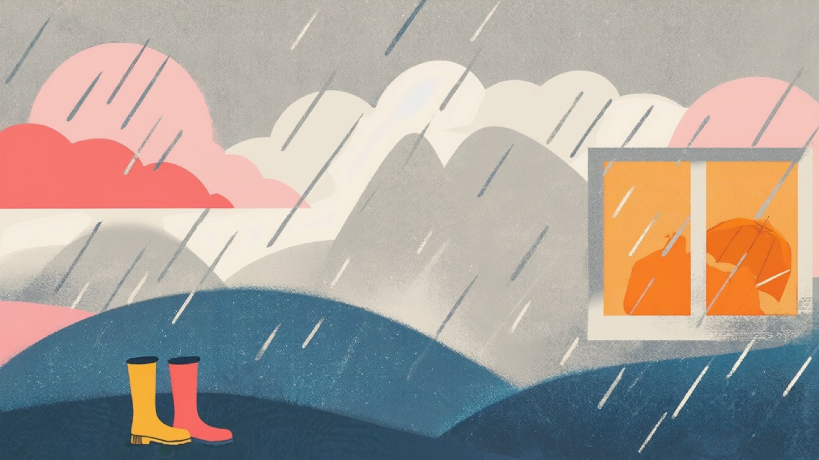 Risographie-Illustration eines verregneten Chiemgau-Tages: sanfte Hügel unter grauen Wolken, bunte Regenschirme und Gummistiefel, ein warm erleuchtetes Fenster.