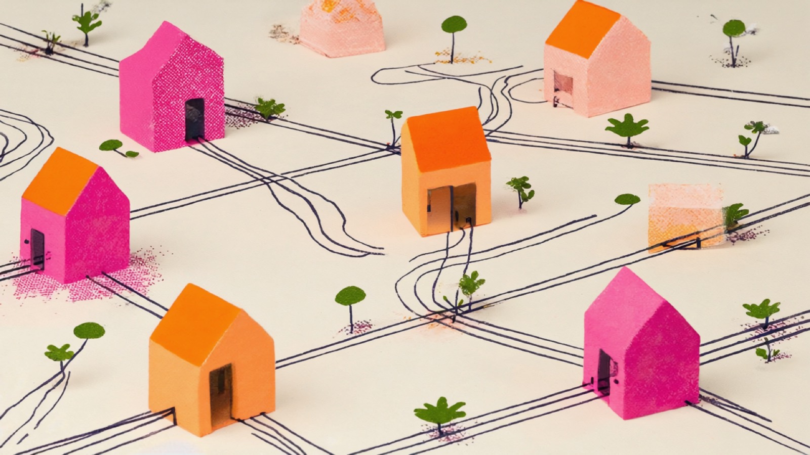 Illustration im Risographie-Stil: kleine Häuser einer Nachbarschaft, durch Fäden und Schnüre miteinander verbunden, in warmen Cremetönen mit Pink und Orange.